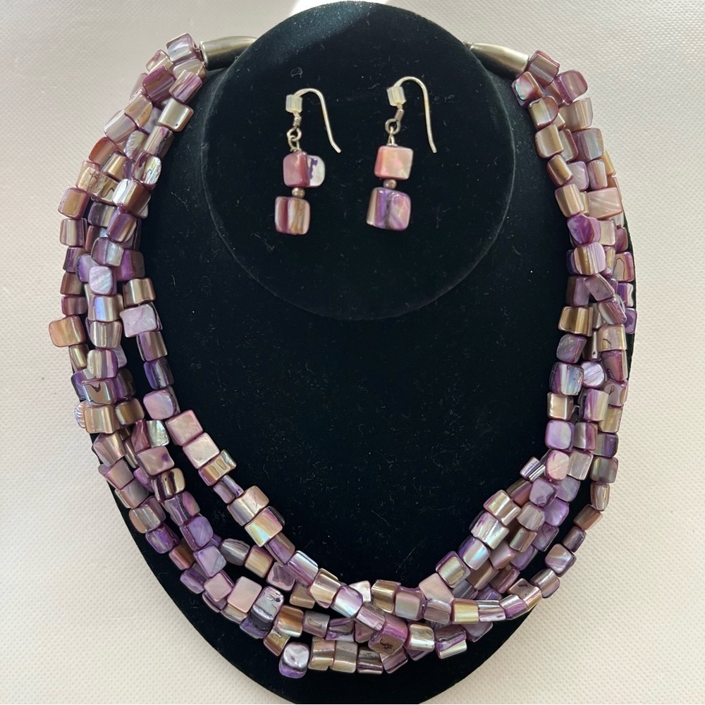 Abalone Shell Purple Multi Strand Necklace & Earrings Set 925